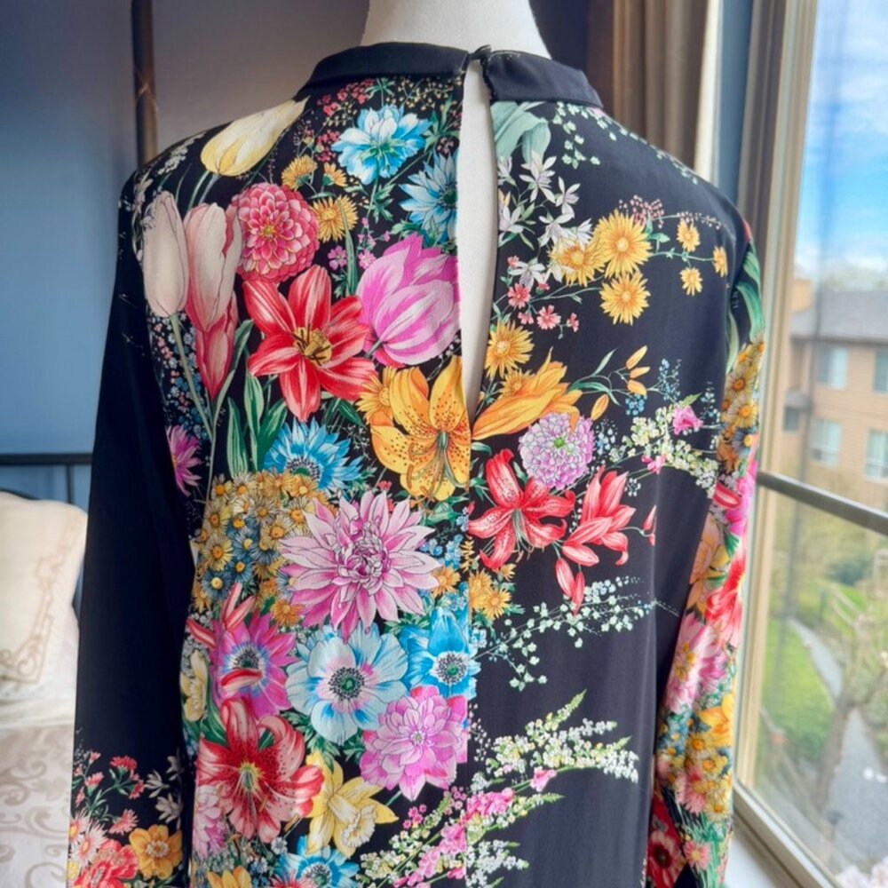 NWT No. 21 Black w Bright Floral 100% Silk Long Sleeved Mini Dress - Picture 7 of 13
